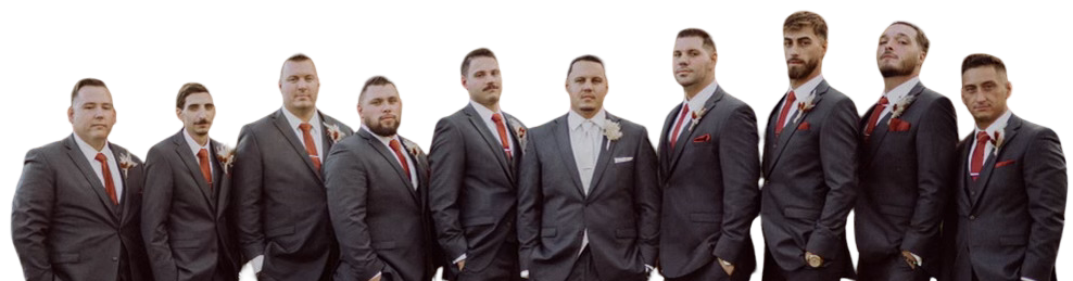 A cutout of Kyle Groth with a Groom and his Groomsmen.